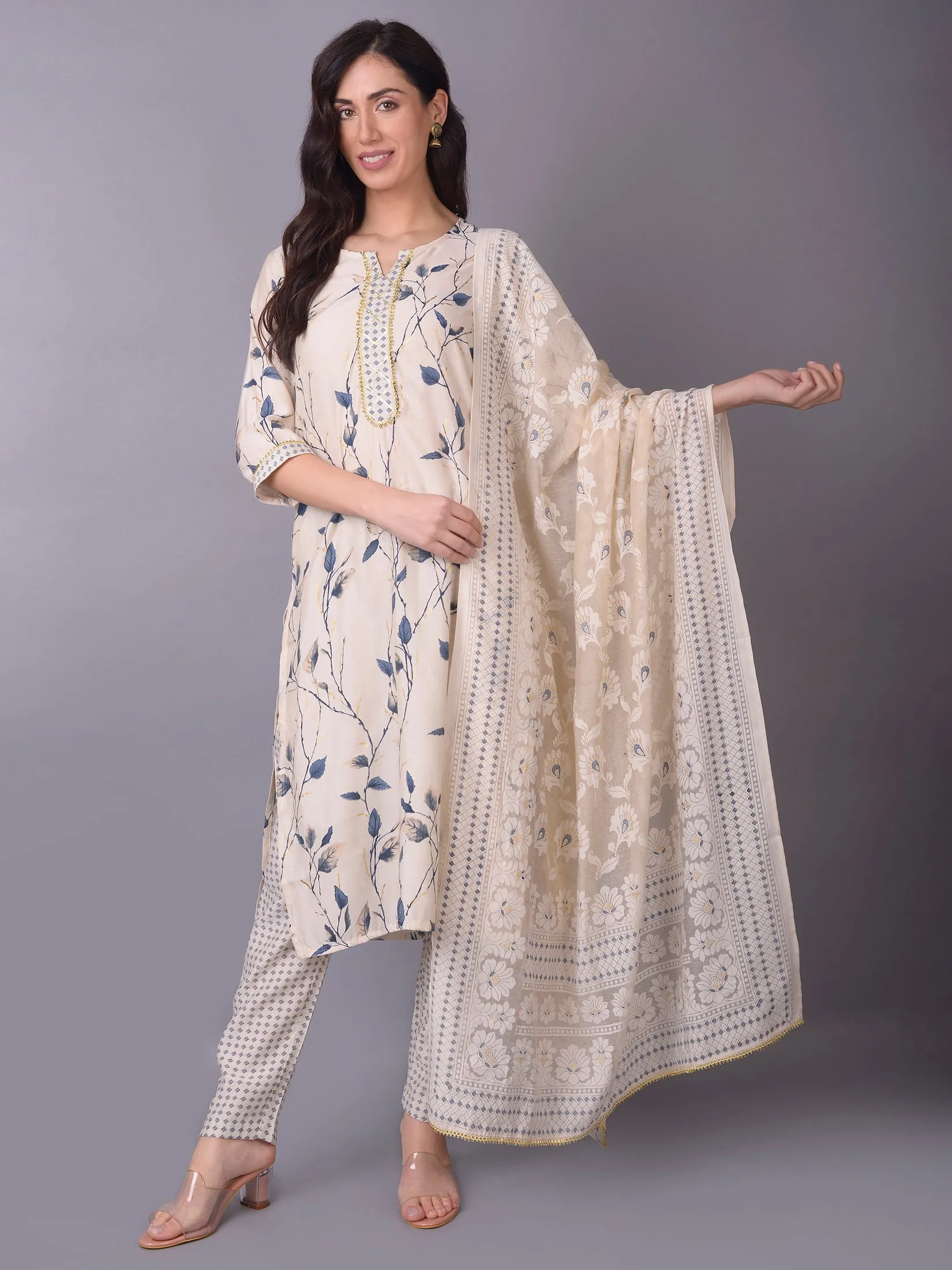 Winter Wear - Women Off White Floral Printed Kurta Trouser Dupatta