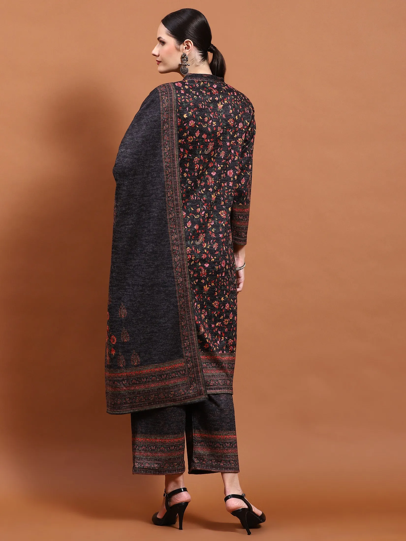 Winter Women Black Printed Kurta Bottom Dupatta